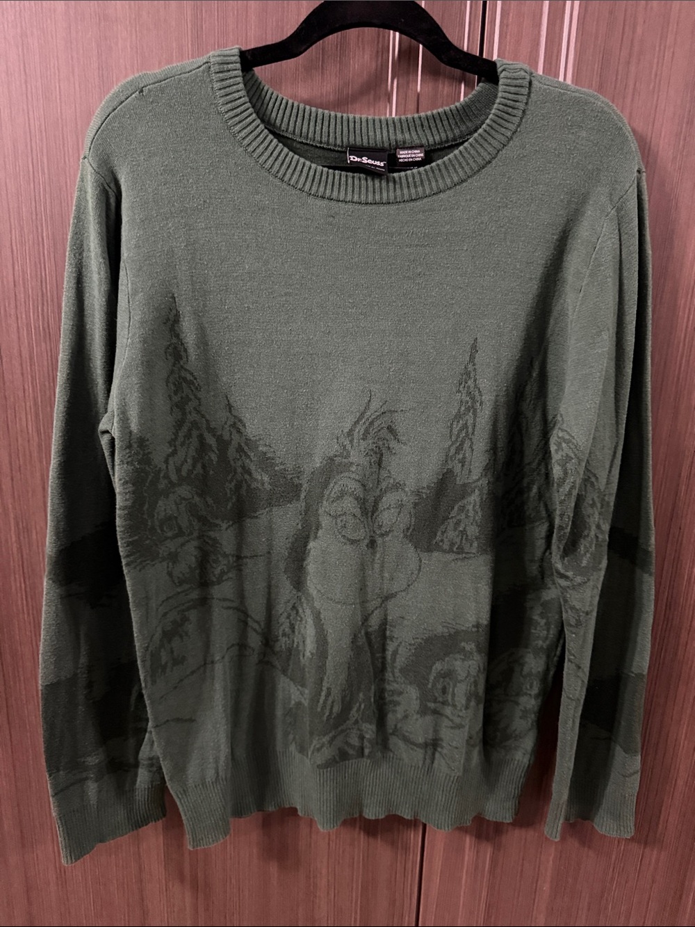 Dr. Seuss Olive Green Pullover Sweater with Grinch Motif